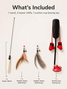 7Alas 4-Piece Interactive Cat Teaser Wand Set With Detachable Bell Feather Replacements, Cat Boxing Glove, 50cm Spring Buffer Wooden Handle, Kitten Indoor Hunting Exercise Toy - Multicolor - View 11