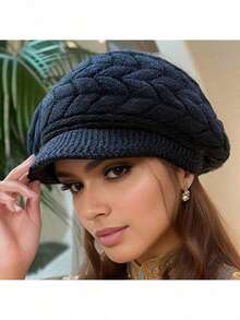 1pc Women's Soft Elastic Cable Knit Newsboy Cap, Short Brim Loose Warm Knitted Beanie, Windproof, Suitable For Daily Outdoor Travel, Autumn/Winter Accessory - Multicolor - View 9