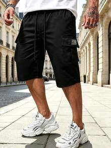 Drawstring Elastic Waist Big Pocket Mid-Length Cargo Shorts, Suitable For Daily Wear And Sports, Black - Black - View 7