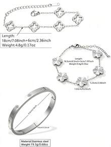 VceTd 1 Set Elegant Style Stainless Steel Women's Jewelry Set With Four-Leaf Clover Element, Suitable For Fashionable Outfit Wear - Silver - View 10