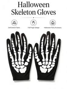 1 Pair Glow-In-The-Dark Halloween Skeleton Print Gloves, Unisex Full Finger Costume Gloves, Party Cosplay Role Play Holiday Accessory - Black - View 3