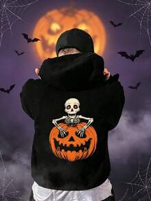 Boys' Halloween Skeleton & Pumpkin Pattern Sweatshirt, Autumn/Winter Kids Long Sleeve Casual Hooded Sweatshirt - Black - View 7