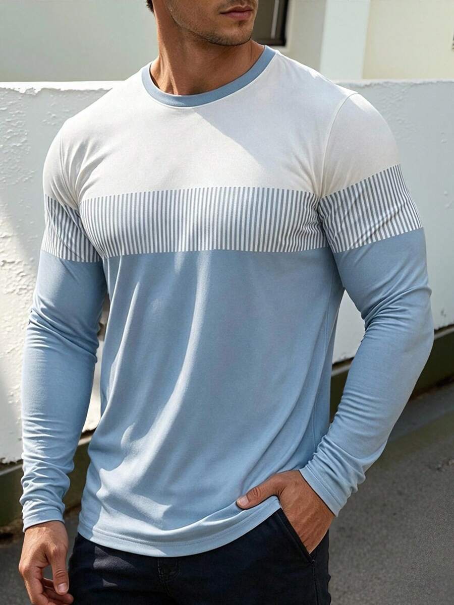Men's Autumn/Winter Minimalist Casual Blue & White Colorblock Striped Long Sleeve T-Shirt - Multicolor - View 1