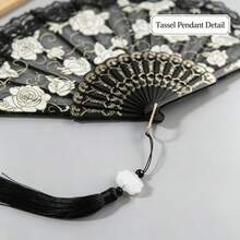 1pc White Lace Floral Folding Fan With Tassel, Vintage Rose Embroidery Hand Fan, Elegant Decorative Handheld Fan For Wedding Photoshoot, Cosplay Party - Multicolor - View 7