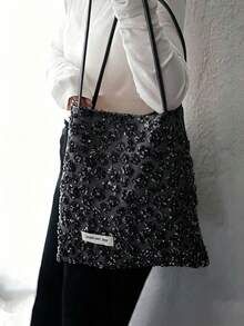 Tas Tote Gaya Korea Berkilau dengan Payet Hitam & Perak, Desain Niche, Gaya INS, Kapasitas Besar, Bahan Beludru, Cocok untuk Perjalanan, Jalan-jalan, Belanja Sehari-hari, Tas Tote Bahu Santai - Hitam - View 4