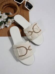 Sandal Hak Rendah Wanita Mewah dengan Dekorasi Gesper Logam Elegan, Gaya Istimewa, Cocok untuk Suasana Musim Panas. - Krem - View 6