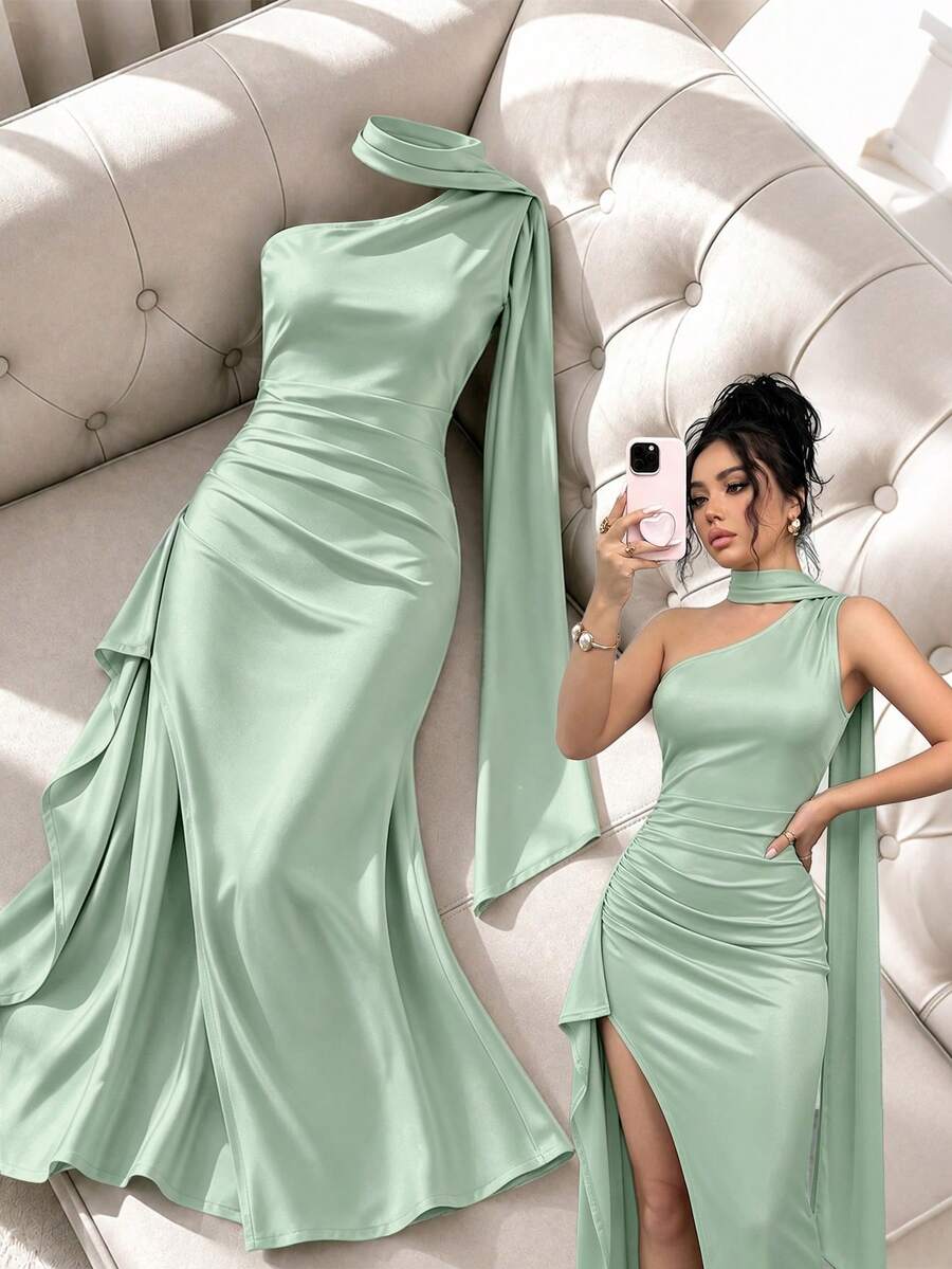 abyoxi Gaun Wanita Warna Hijau Mint dengan Leher Asimetris, Tali Bahu Panjang, Pita Pengikat Pinggang, Detail Kerutan Samping, dan Belahan Tinggi, Gaun Pas Badan, Warna Polos, Gaya Musim Panas Elegan dengan Belahan Hingga Paha - Mint Green - View 1