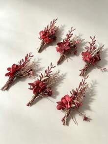 1pc/6pcs Premium Red Hydrangea Corsage With Gold Leaves, Suitable For Groom, Bride, Groomsman, Bridesmaid - Red - View 7
