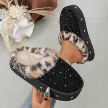 Leopard Print Faux Fur Trim Closed Toe Slippers For Women, Autumn/Winter Outdoor Wear, Starry Rhinestone Thick Sole Thermal Lined Warm Slippers - Black - View 1