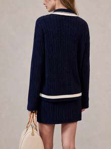 Women's Autumn/Winter Casual Minimalist Preppy Style Pullover & Skirt 2 Pieces Set - Navy Blue - View 2