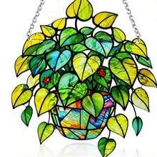 1pc Green Plant Window Catcher, Colorful Glass Window Hanging Decor, Handmade Faux Plant Colorful Glass Panel Catcher, Suitable For Plant Lovers, Unique Home Indoor/Outdoor Decoration - Green Leaves - View 1