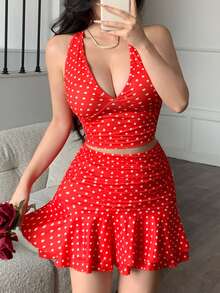 Women's Red & White Polka Dot Backless Spaghetti Strap Deep V-Neck Cutout Waist Pleated Short Top + Mini Skirt 2 Pieces Set - Red - View 3