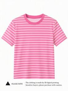 經典條紋 Y2K 百搭夏季女款休閒圓領短袖簡約 T-shirt，適合度假、海灘 - 淺粉色 - 查看 3