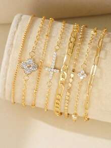 8Pcs Delicate Stackable CZ Cross & Clover Charm Bracelet Set, Multi-Layer Women Bracelets For Daily Party, Ideal Holiday Gift, Random Beads - Gold - View 2