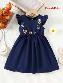 Girls' Summer Back To School Fashion Minimalist Navy Blue Printed Dress, Flowy Ruffle Sleeve Style, Suitable For School, Daily And Outdoor Wear - Navy Blue - View 1
