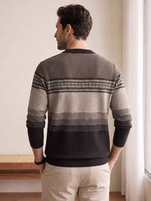 Men's Thick Patterned Knit Sweater, Casual British Style Business Commute Knitwear, Runs Small - Coffee Brown - View 4