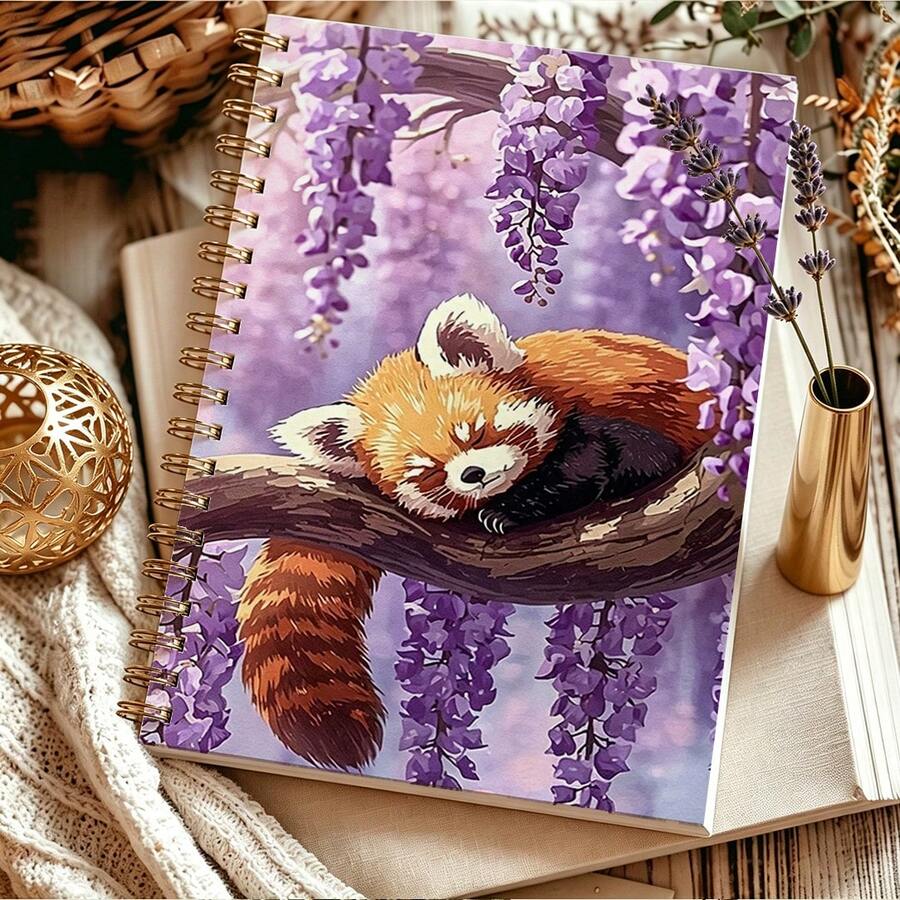DANPERJI 1pc A5 Cute Animal Spiral Notebook, Dreamy Purple Wisteria Flower & Sleepy Red Panda Illustration, Lovely Artwork Cover, Daily Writing Diary For Students, Study Notes & Sentence Log - Purple - View 1