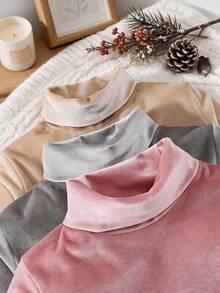 4pcs/Set Autumn/Winter Young Girl Semi-High Neck Velvet Tops, Girls Warm Long Sleeve Base Layer Shirts, Solid Color Versatile Innerwear - Multicolor - View 3
