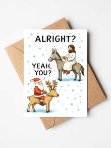 1pc Funny Comical Christmas Card With Envelope, "Alright? Yeah, You?", Humorous Santa & Festive Rider On Reindeer & Donkey Xmas Greeting Card, Hilarious Gift For Friends Family Coworkers, Blank Inside - View 9