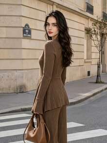 Women Fall Pleated Long Flare Sleeve Top, Round Neck Asymmetrical Ruffle Hem Blouse Autumn Outfits For Women - Coffee Brown - View 2