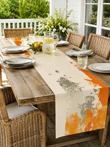1PC Orange Gray Abstract Linen Table Runner, Modern Minimalist Brushstroke Print Table Runner, Farmhouse Rectangular Dining Table Centerpiece Decor For Kitchen Dining Room Coffee Table Wedding Party Holiday Home Decoration - Multicolor - View 6