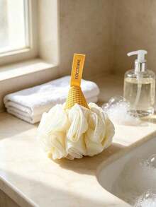L'Occitane Soft White Bubble Bath Sponge Ball With Yellow Brand Printed Lanyard Fluffy Mesh Bath Ball Body Cleaning Shower Ball Holiday Gift LOCCITANE-GIFT-55 - View 2