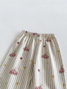 Miniweenns 2pcs/Set Unisex Baby Striped Base Long Sleeve Outfit, Collar + Buttons + Pockets, Circus Star Print - Khaki - View 9
