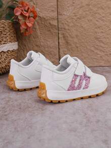 1 Pair Children's Pink Sequin Decorated Sports Shoes With Hook And Loop Design, Flat Fashion Sneakers Suitable For All Seasons - Pink - View 3