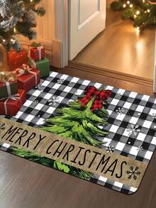 1pc Xmas Black & White Plaid Christmas Tree Bow & Snowflake MERRY CHRISTMAS Pattern Doormat, Machine Washable - Perfect For Entryway, Living Room, Bedroom, Kitchen, Hallway, Bathroom, Patio Decor, Entrance Decor, Room Decor, Christmas Decor - A - View 5