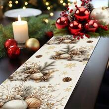 1-Piece Linen Table Runner, Featuring Christmas Balls, Pine Cones, And Floral Designs, Durable Indoor And Outdoor Holiday Table Flags Suitable For Kitchen, Dining, And Christmas Party Decorations, Holiday Themes, And Home Decor. - Multicolor - View 9