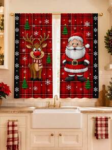 2Pcs Cartoon Santa Claus & Red Nose Reindeer Curtains, Red Plaid Winter Print Pattern, Holiday Window Decor, Semi-Sheer Rod Pocket Curtains, Suitable For Living Room And Bedroom, Rod Not Included, Living Room Christmas Curtains - Cartoon - View 8