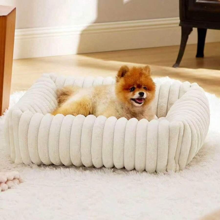 Soothing Donut‑Shaped Warm Soft Plush Round Dog Bed, Suitable For Small/Medium Dogs, Cats, Hamsters, Fluffy Cat Bed, Donut Pet Pad, 2‑In‑1 Winter Warm Sleeping Bag Sofa Mat - White - View 1