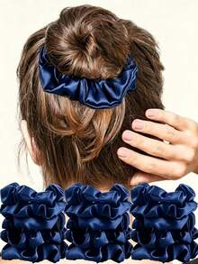 10pcs Women's Solid Color Casual Polyester Satin Hair Scrunchies - Navy Blue - View 2