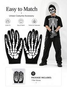 1 Pair Glow-In-The-Dark Halloween Skeleton Bone Print Gloves, Unisex Full Finger Costume Gloves, Party Cosplay Role Play Holiday Accessory - Halloween Style a - View 3
