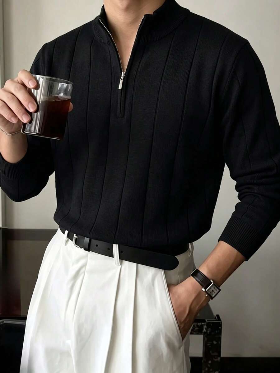 Sweater Lengan Panjang Polo Berkerah Klasik Pria dengan Resleting dan Detail Ribbed, Atasan Rajut Penting untuk Lemari Pakaian Musim Gugur/Dingin