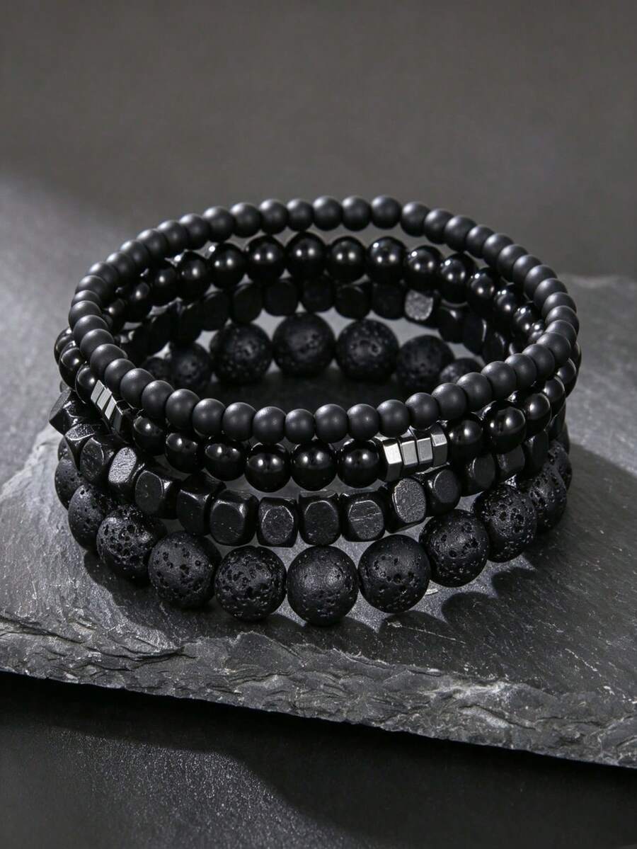 RINTOLER 4pcs/set Vintage Unusual Matte Lava Rock & Wooden Beads With Spacer Elastic Bracelet - ZJ10491 - View 1
