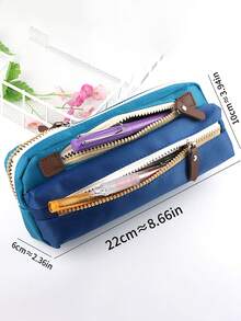 1pc Colorblock Patchwork Double Layer Zipper Pencil Case, Large Capacity Oxford Fabric Waterproof Stain-Resistant Student Stationery Storage Bag, Multiple Colors Available, Simple Durable Pencil Pouch - Multicolor - View 10