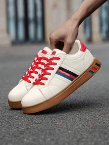 Men's Classic Beige Striped Colorblock Design Casual Sneakers, Versatile Comfortable Outdoor Skateboard Shoes - Beige - View 8