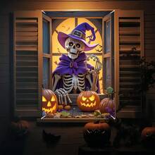 [Party Banner, Bunting_party Banners]1pc, Polyester Material, Halloween Theme Party Window Banner, Skeleton Wizard Hat Design - A - View 3