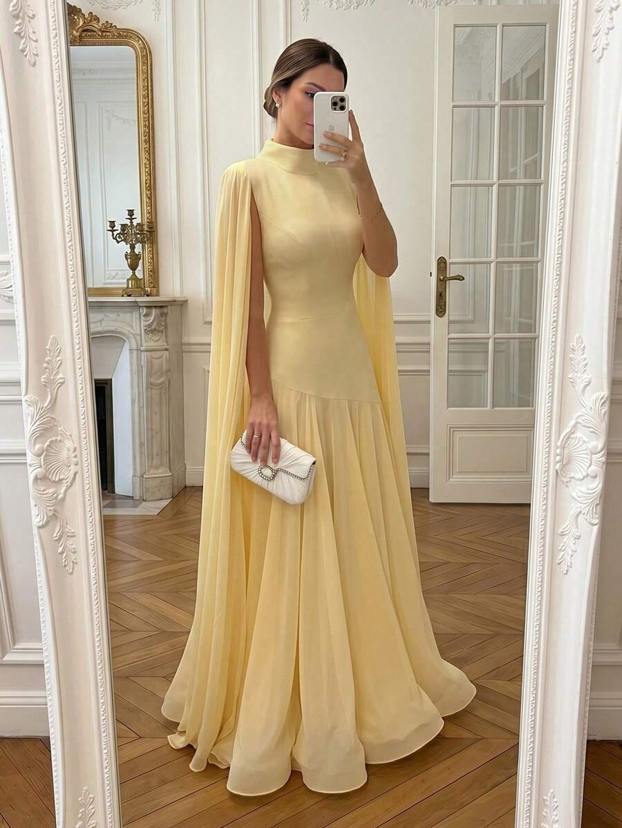 Elegant Solid Color Ruffle Trim Long Sleeve Flowy Dress, Formal Evening Gown For Wedding, Party, Holiday Spring Yellow, Chic & Elegant - Yellow - View 1
