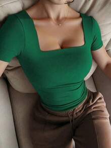 休閒極簡優雅日常穿搭方領短袖上衣，春夏女裝優雅上衣 - 綠色 - 查看 5