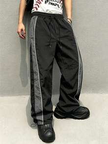 Men's Wrinkled Texture Nylon Drawstring Waist Loose Fit Jogger Casual Pants, Suitable For All Seasons - Black - View 7