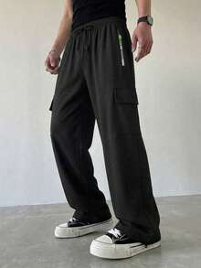 1pc Men's Straight Leg Cargo Pants, Zipper Side Pockets, Versatile Commuter Straight Leg Casual Pants, Sporty Style - Black - View 4