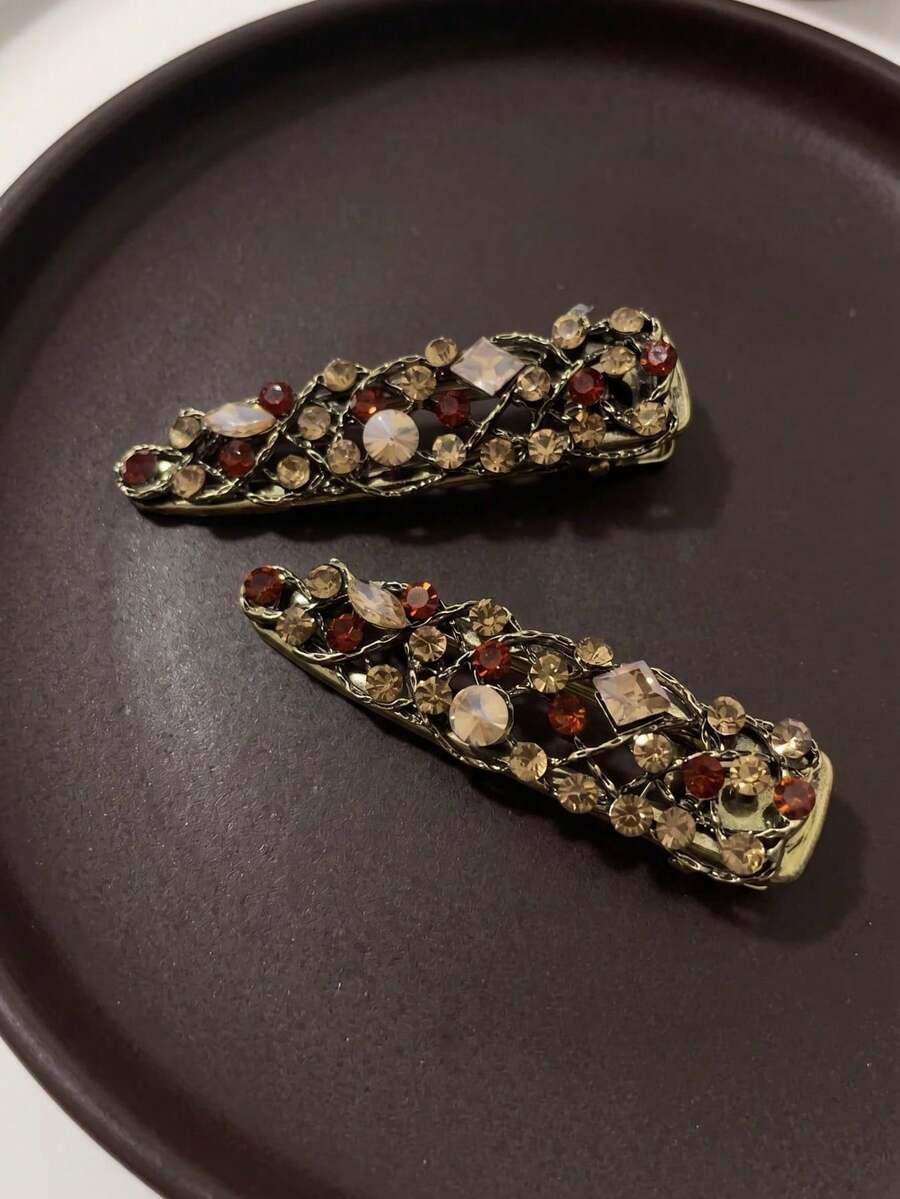 2件裝復古極簡百搭棕色水鑽幾何水滴方型髮夾,女童瀏海夾側邊鱷魚夾 - 復古色 - 查看 1