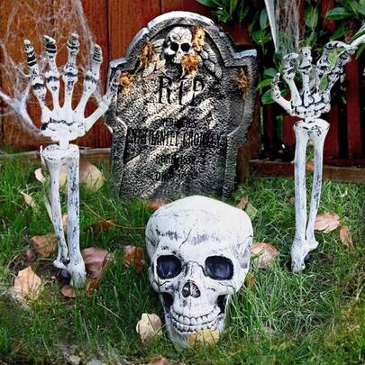 Halloween Skeleton Decor Set - Realistic Skull & Bone Hands With Stakes For Yard, Garden, Outdoor Scary Decor (3 PiecesWaterproof, Spooky Party Props