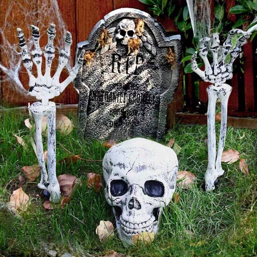 Halloween Skeleton Decor Set - Realistic Skull & Bone Hands With Stakes For Yard, Garden, Outdoor Scary Decor (3 PiecesWaterproof, Spooky Party Props - Grey - View 1