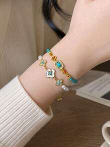 1pc Elegant Metal Beaded Bracelet With Pearl And Floral Pendant, Turquoise Accents, Versatile Daily Jewelry Gift For Women - Beaded Bracelet - View 1