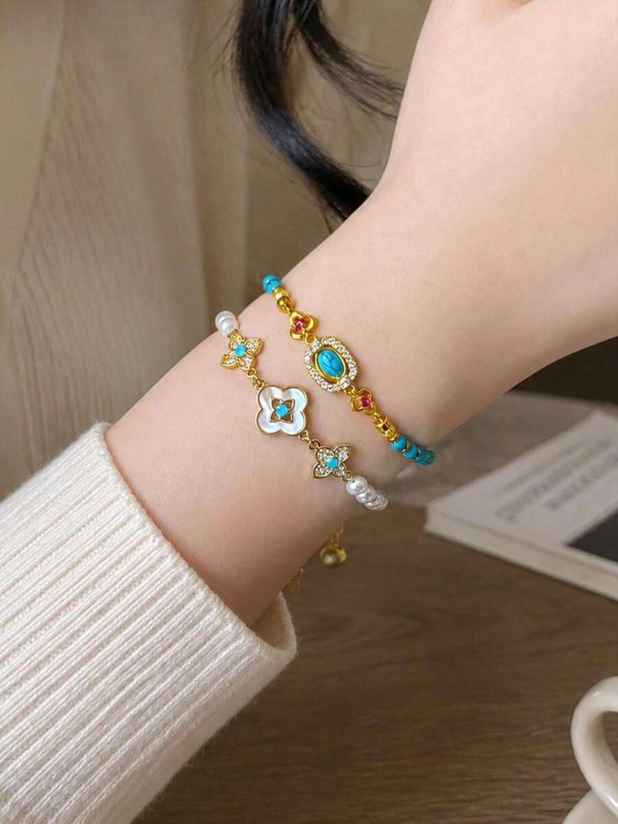 1pc Elegant Metal Beaded Bracelet With Pearl And Floral Pendant, Turquoise Accents, Versatile Daily Jewelry Gift For Women - Beaded Bracelet - View 1