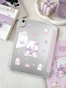 1件紫色貓咪鬱金香平板電腦保護殼，相容 iPad Mini6/7/Air/Air2/9.7/10.2/10.5/10.9 (Air4-Air8)/Pro 11/10th Gen/A16/Pro 11 2024 機型，雙面彩繪圖案，透明壓克力背殼，絲綢質感 8 折疊支架，自動休眠/喚醒，內置筆槽，不含筆，部分機型附相機框 - 彩色 - 查看 3