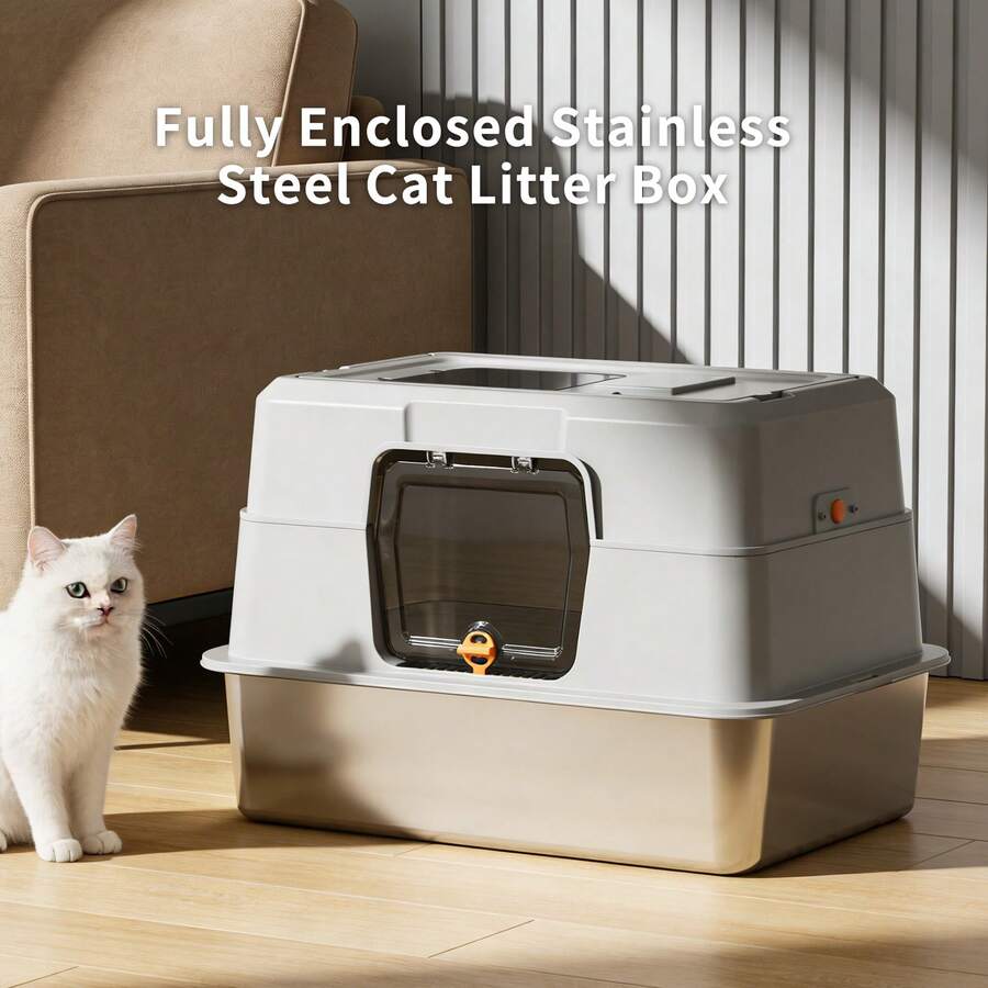 Fully Enclosed Stainless Steel Cat Litter Box, Large Hooded Cat Litter Pan With Front Door & Top Entry, Odor Control Non‑Stick Metal Litter Box, Easy To Clean For Indoor Cats